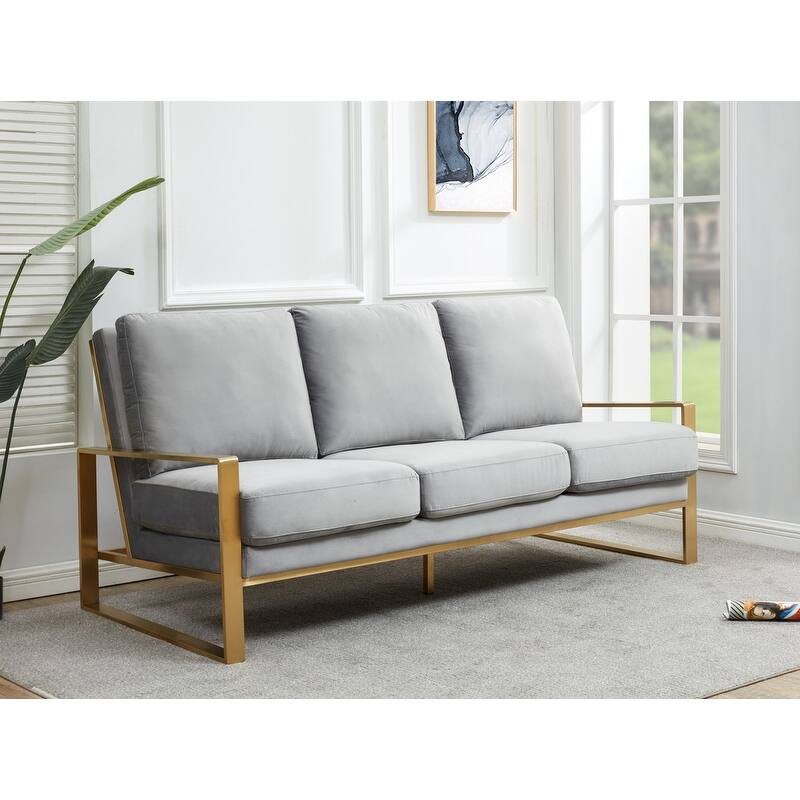 Jefferson Velvet Upholstered 3 Seater Sofa with Brushed Gold Stainless Steel Base and Removable Cushions - 77.1