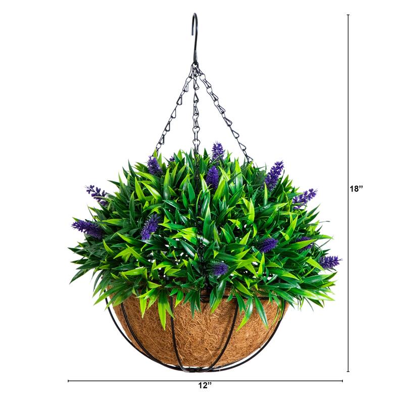 18-in UV Resistant Artificial Lavender Hanging Basket (Indoor/Outdoor) - Green