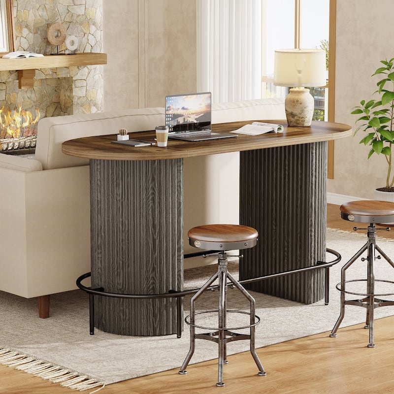 Modern Industrial Oval Bar Table, Counter Height Pub Dining Table with Footrest