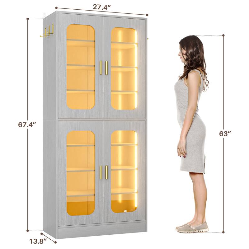 8-Tier Shoe Cabinet with LED Light, 32 Pairs Tall Shoe Storage Organizer with Side Hooks