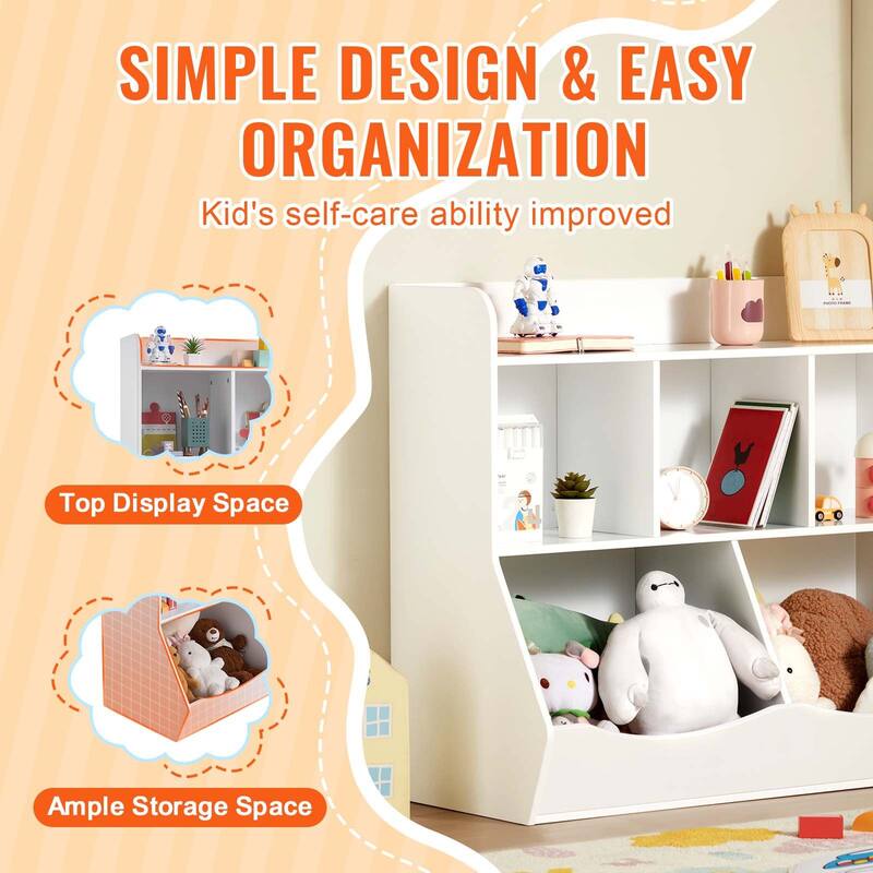 White Kid Toy Storage Cubby Organizer with Bookshelf and 5 Compartment Perfect for Nursery and Playroom - 35” × 16” × 30”