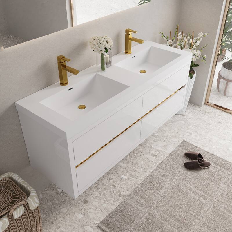 Wall-Mounted Bathroom Vanity with White Stone Resin Top