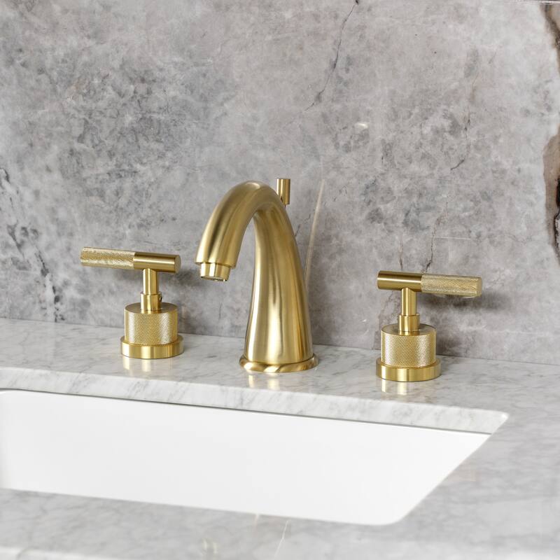 Kingston Brass Convergent Two-Handle 3-Hole Deck Mount Widespread Bathroom Faucet with Knurled Handle and Brass Pop-Up Drain