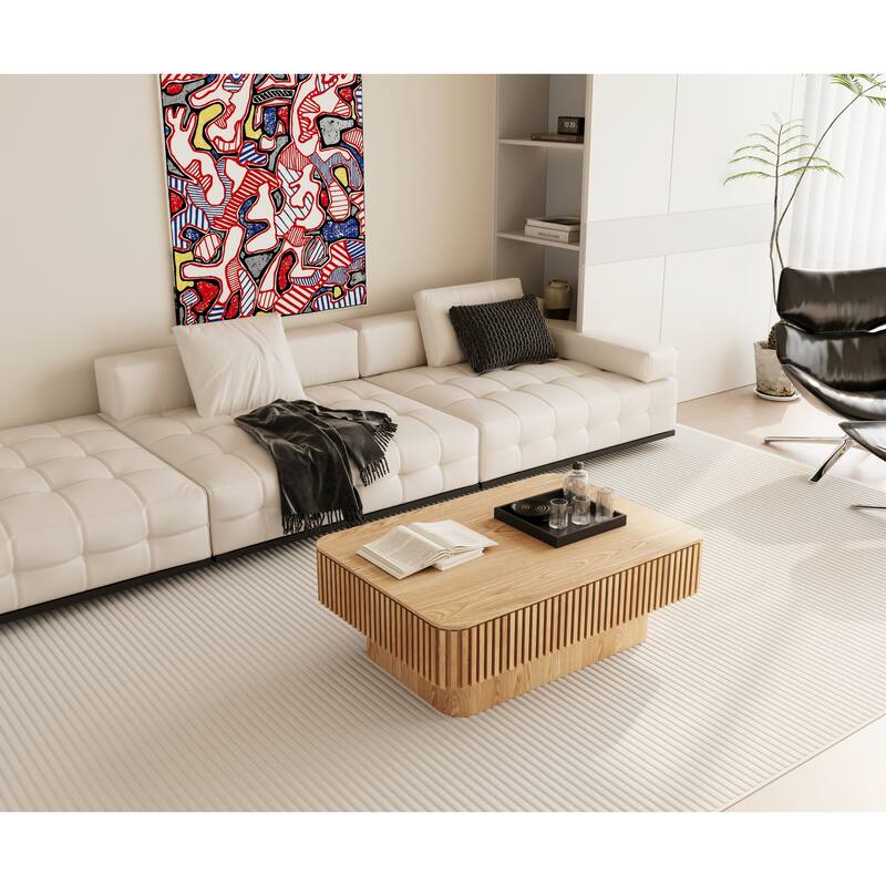 Fluted 38.6" Lift-top Coffee Table, Solid Wood Modern Accent Table with Storage and Adjustable Height