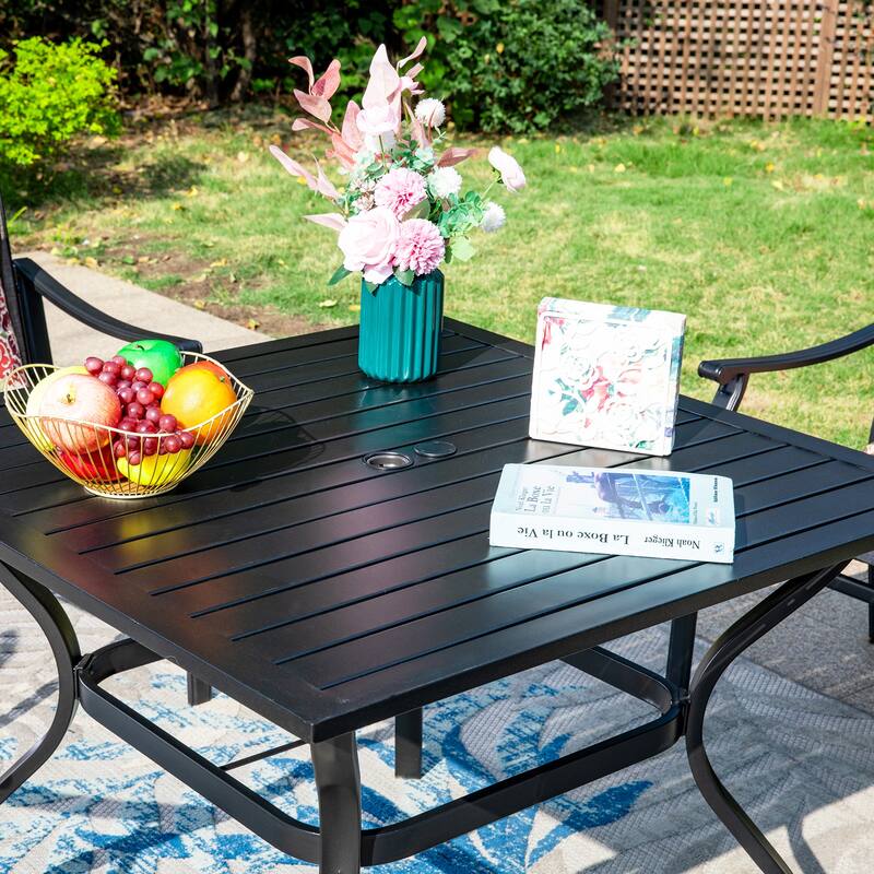 MAISON ARTS 5-Piece Patio Dining Set, 37 Inch Square Metal Table and 4 Textilene Fabric Padded Armchairs