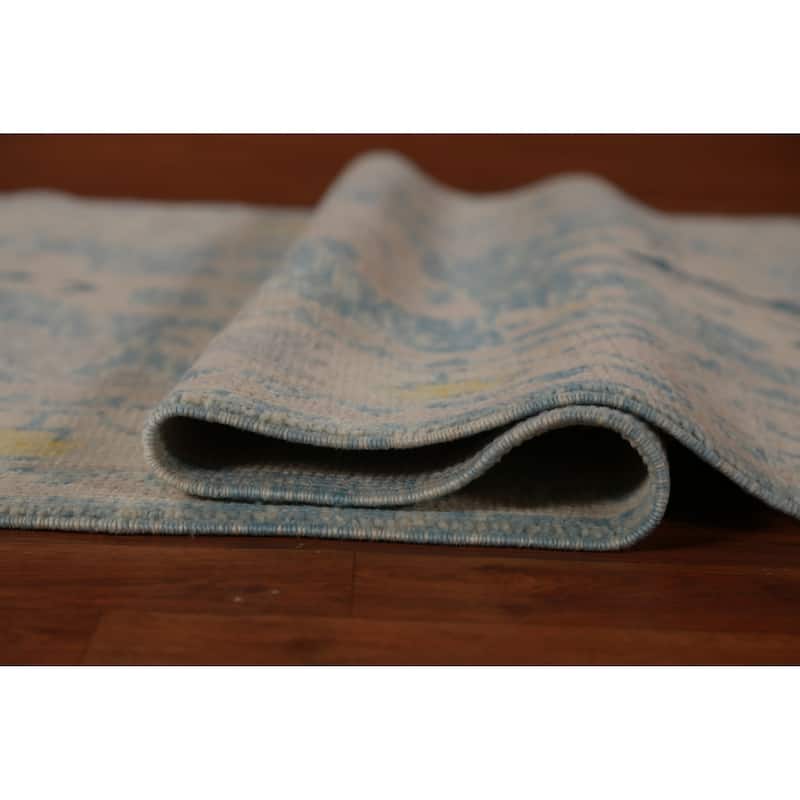 Hand Knotted Oriental 100% Wool Carpet Transitional Geometric Navy Blue & Blues Oushak Runner Rug - 14' 0'' X 3' 4''