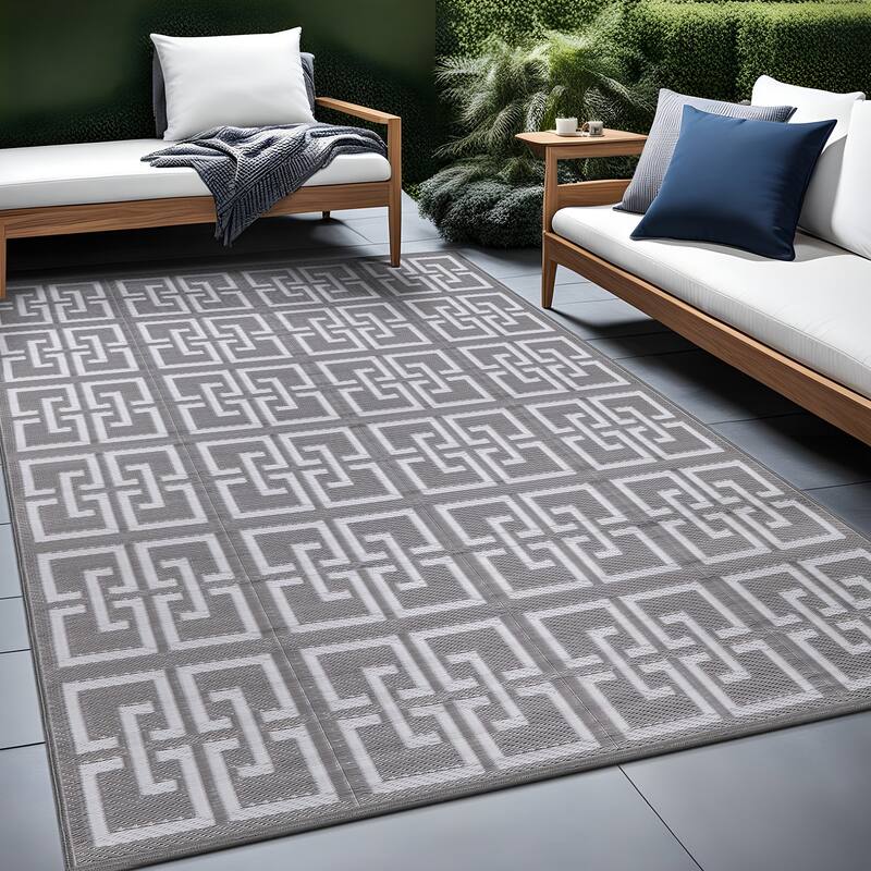 Beverly Rug Geometric Greek Key Outdoor Rug Waterproof for Patio, RV Camping