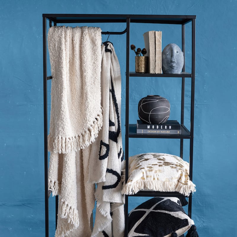 Cotton Blend Bouclé Throw with Fringe, Cream Color
