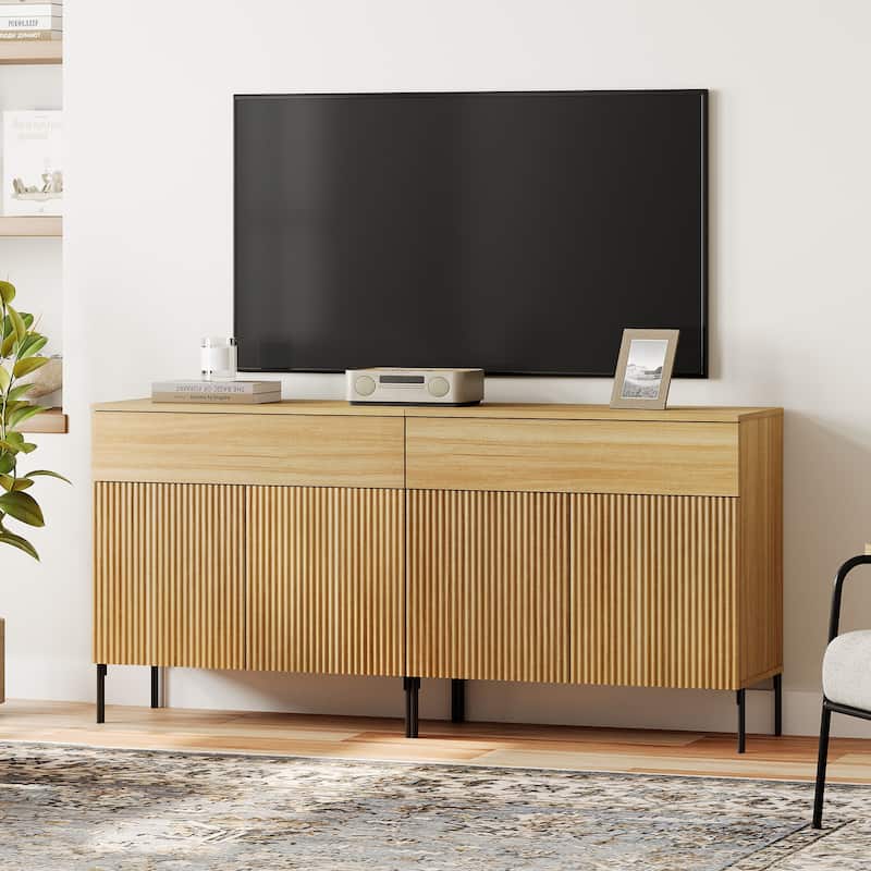 31.5" Modern Reeded TV Stand With Doors, Entertainment Center With Shelf, Wooden TV Console