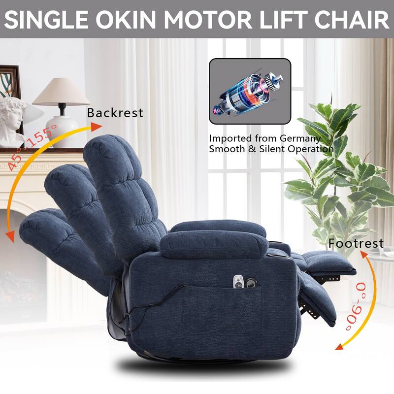Swivel Recliner Chair with Heat & Massage, Oversized Fabric Manual Recliner Chair, Single Sofa with Cup Holders & Side Pocket