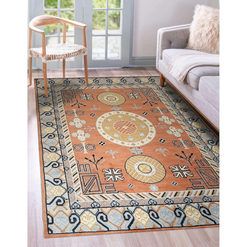 Handknotted Wool Rust Traditional Floral Khotan Weave Rug - 6' x 9'