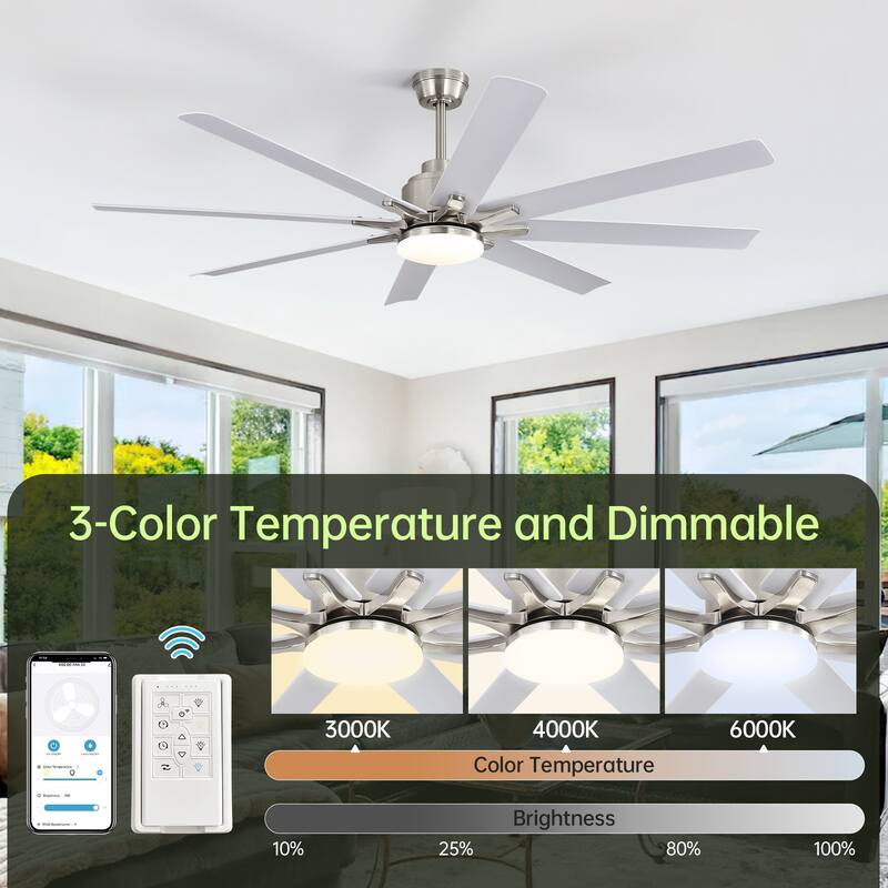 52 Inch/66 Inch/72 Inch Modern Ceiling Fan with Dimmable LED Light ,Remote&APP Control,8 Blades for Large Living Room,Porch