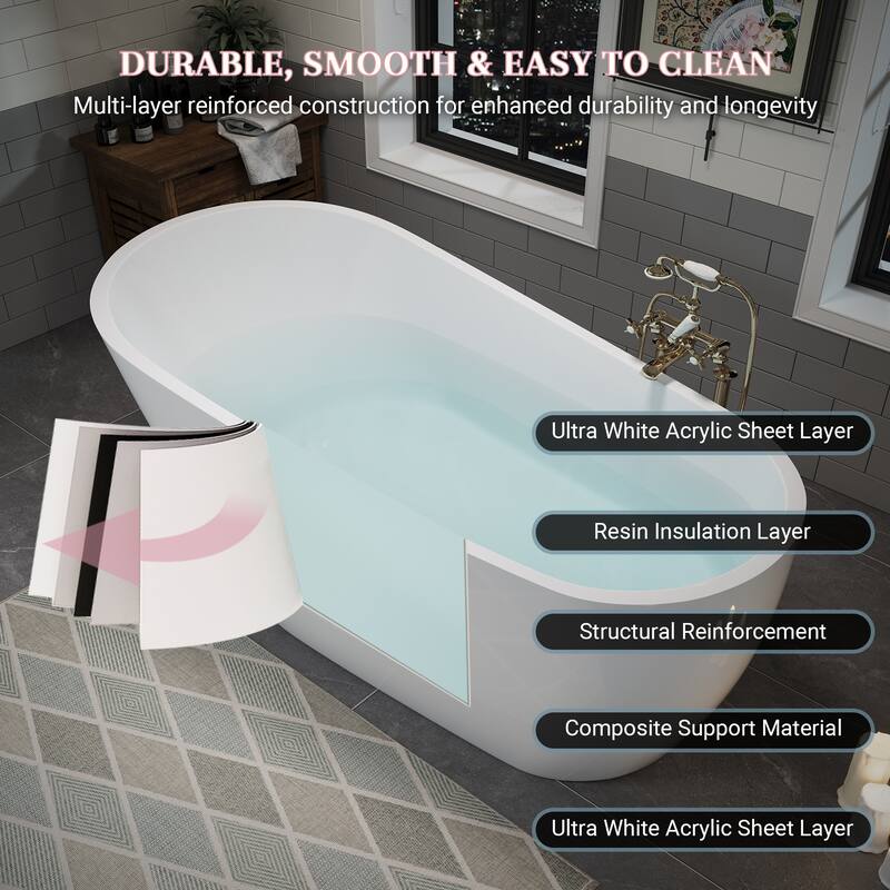55" Glossy White Acrylic Freestanding Bathtub