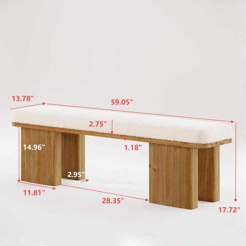 59Inch Solid Wood Entryway Bench, Upholstered End of Bed Bench with Faux Shearling Cushion, Long Ottoman for Bedroom, Entryway