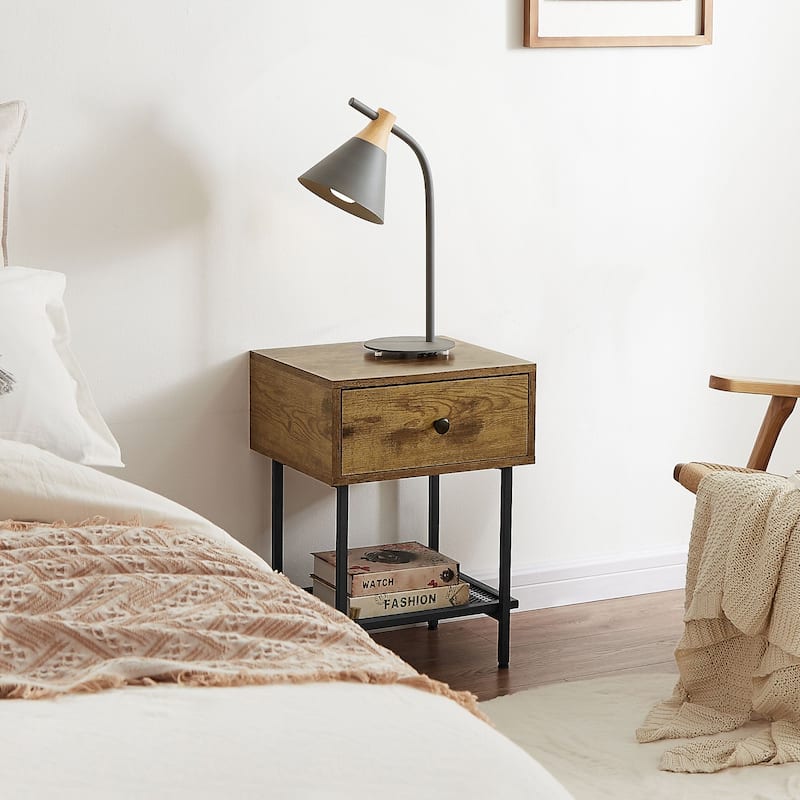 Industrial Nightstand with Drawer and Mesh Shelf
