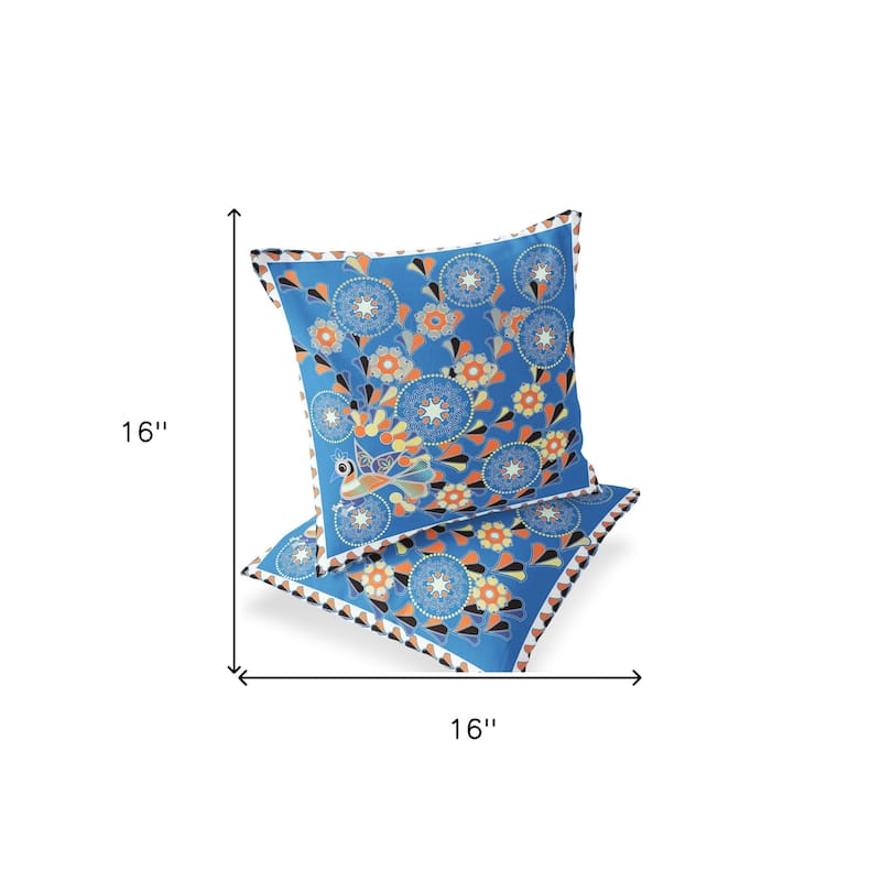 HomeRoots Set of Two 16" X 16" Blue and Orange Peacock Blown Seam Floral Indoor Outdoor Throw Pillow - 16.00' X '16.00' X '5.00