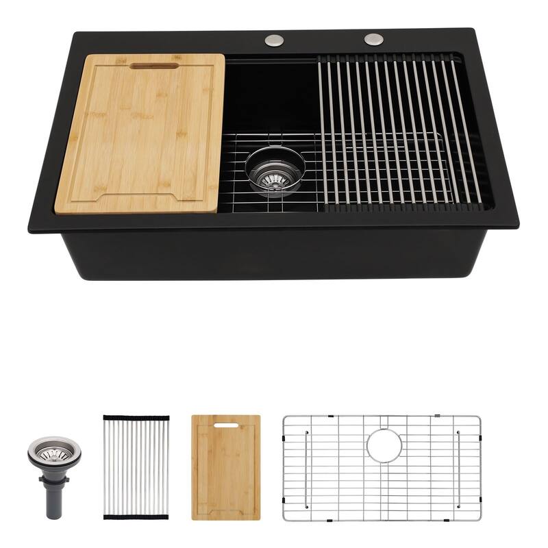 25"/33" Topmount/Drop-in Granite Composite Kitchen Sink Top Counter Single Bowl Sink - 33"x22"x10-workstation - Black