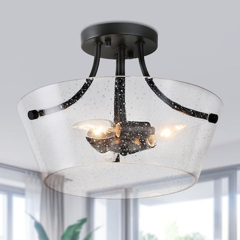 Modern Drum 3-Light Semi-Flush Mount with Seeded Glass - D13"x H10"