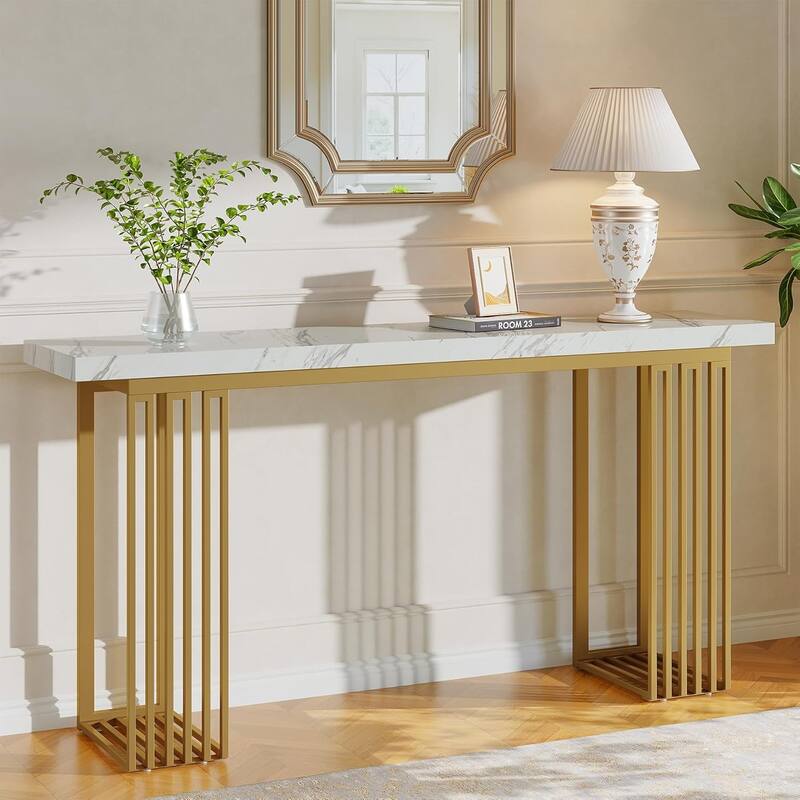 63" Console Table with Faux Marble Top & Metal Base, Modern Long Sofa Table for Entryway, Hallway, Living Room - 𝐖𝐡𝐢𝐭𝐞 & 𝐆𝐨𝐥𝐝