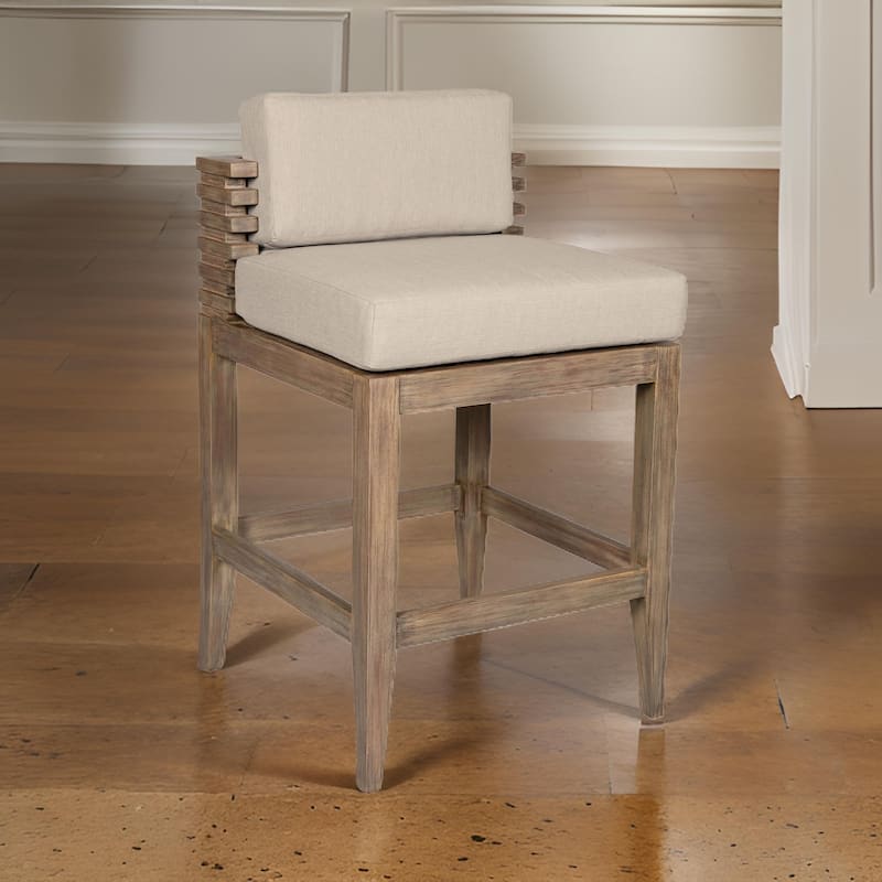 Hida 30 Inch Outdoor Patio Barstool Chair, Taupe, Olefin Cushions, Wood