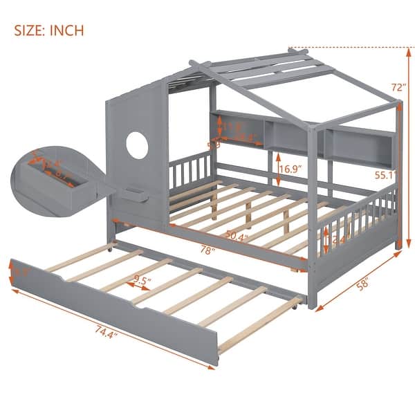 dimension image slide 3 of 4, Pine Wood House Bed with Trundle Bed, Bookcase Bed with Storage Shlef & Roof, Semi-enclosed Design, for Kids Girls Boys