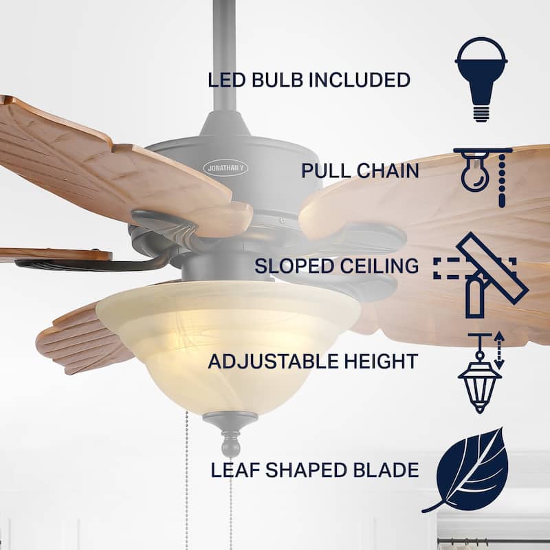 Owen 52" 3-Light Coastal Bohemian Iron/Wood Palm Leaf LED Ceiling Fan with Pull Chain, by JONATHAN Y