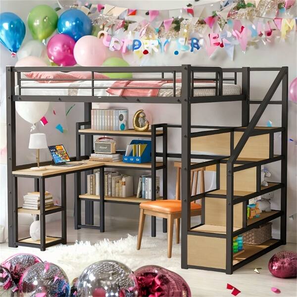 slide 2 of 12, Full Size Metal Loft Bed with Desk and Storage Black