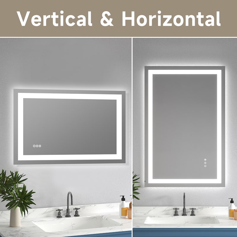 Silver Frameless LED Bathroom Mirror with Tempered Glass and Anti-Fog - 24" W x 36" H