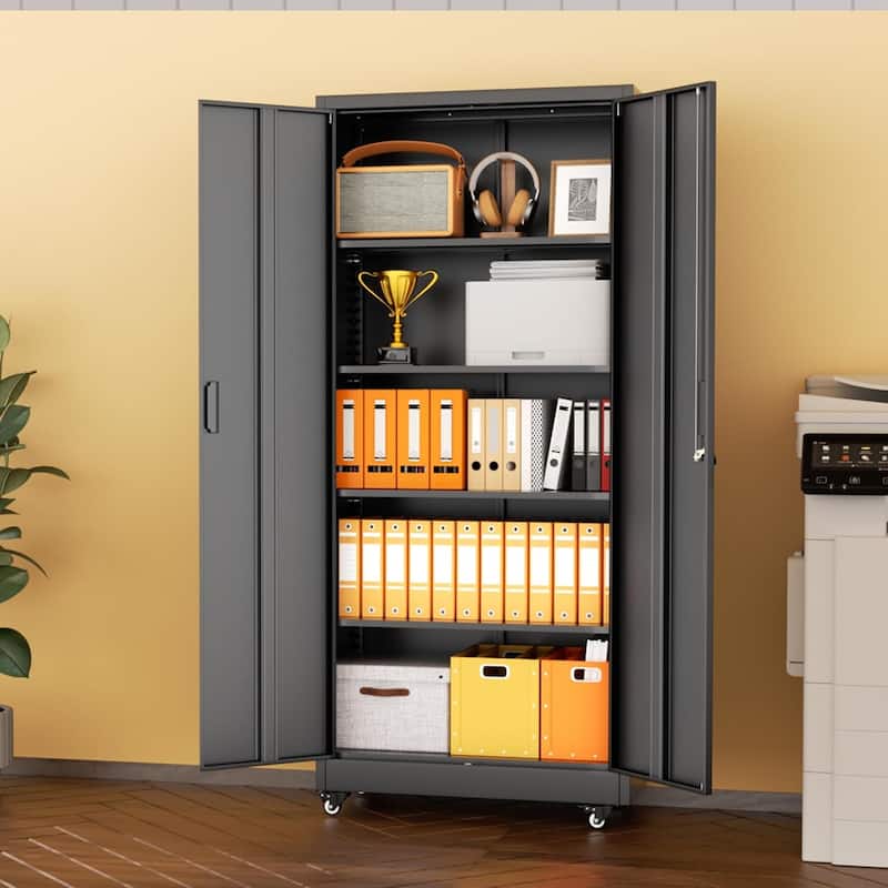 Tall Garage Storage Rolling Tool Cabinet with Locking Doors and Adjustable Shelves for Garage, Home Office, School