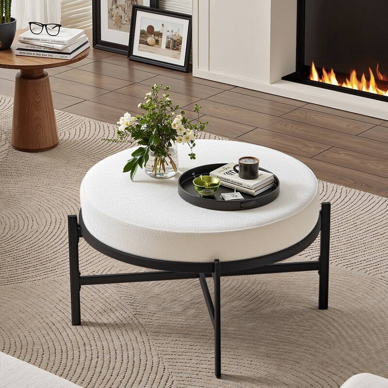 Chenille Fabric Round Ottoman, Coffee Table Bench with Metal Legs - White