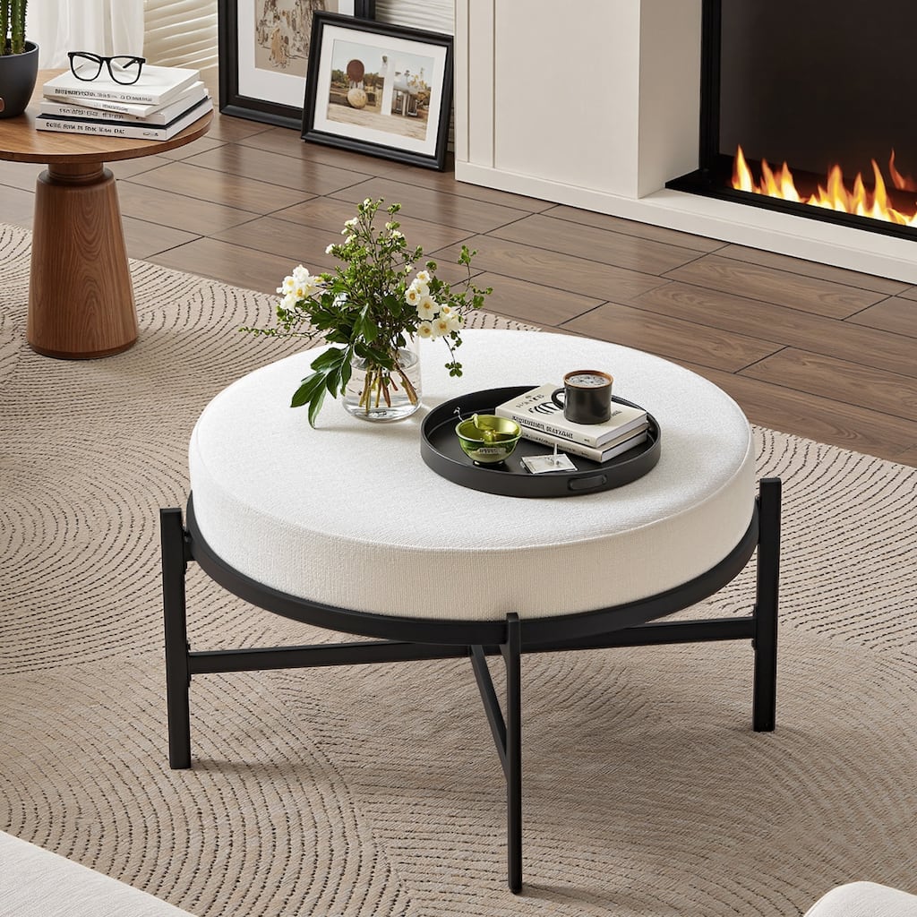 Chenille Fabric Round Ottoman, Coffee Table Bench with Metal Legs