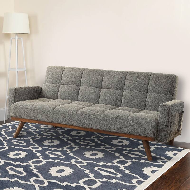Fabric Upholstered Tufted Futon Sofa with Angled Wooden Legs, Light Gray