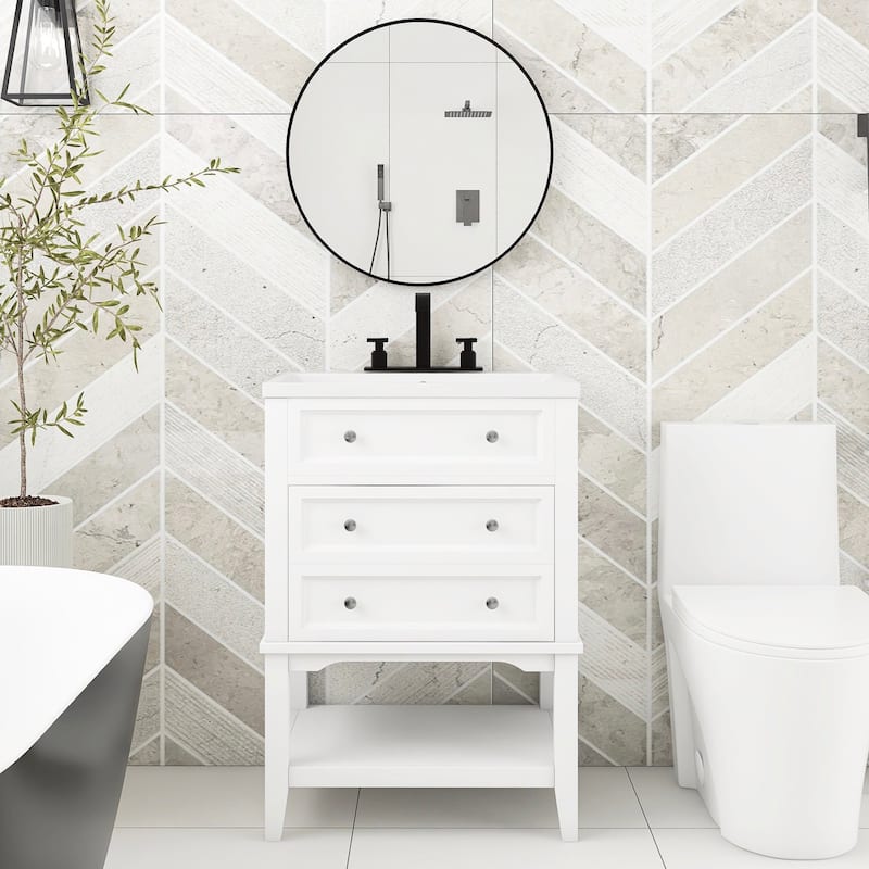 24 Inch MDF Freestanding Bathroom Vanity Set in White Integrated Ceramic Sink - 24" x 32" in. - 24" x 32" in. - Painted - White