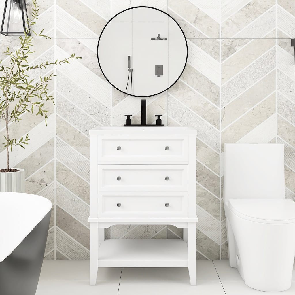 24 Inch MDF Freestanding Bathroom Vanity Set in White Integrated Ceramic Sink - 24" x 32" in.