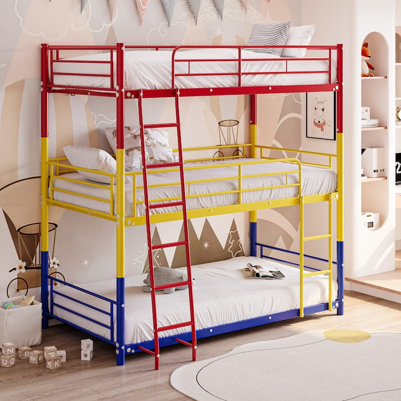 Heavy Duty Metal Triple Twin Bunk Bed with Guardrails, Ladder & Storage, Easy to Assemble