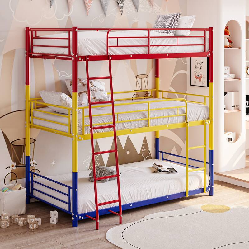 Triple Twin Bunk Beds,Twin Over Twin Over Twin Metal Bunk Bed Platform Frame,3 Bed Bunk Beds with Guardrails,Ladder & Storage