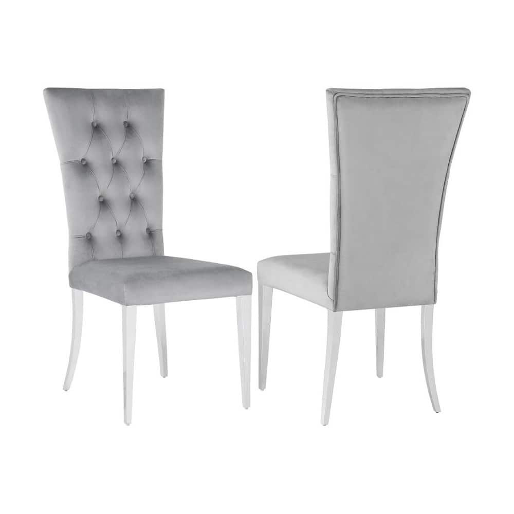 Set of 2 Velvet Upholstered Side Chairs, Grey and Chrome