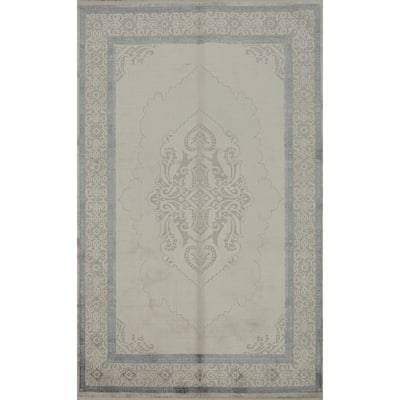 Machine Made Oriental Polyester Carpet Traditional Medallion Beige & Ivories Tabriz Area Rug - 7' 5'' X 5' 2''