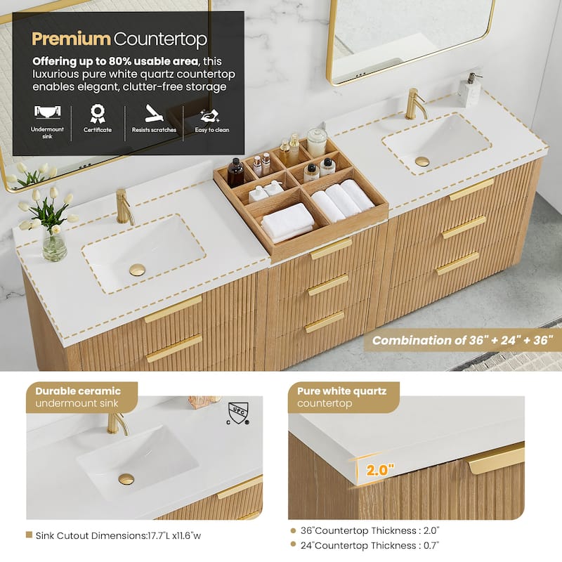 Santarem Double Vanity with Pure White Quartz Stone Top without Mirror