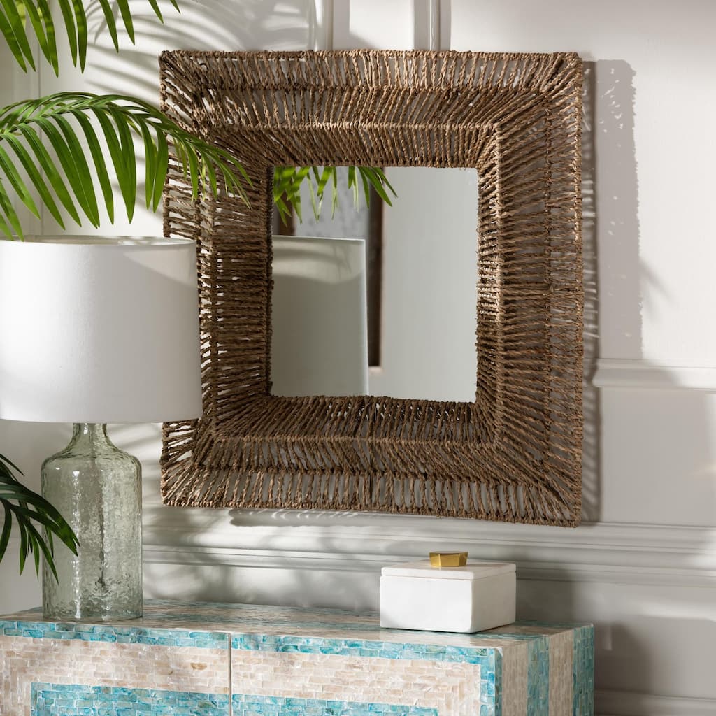 Collice Modern Bohemian Metal and Natural Brown Seagrass Accent Wall Mirror - Natural Brown
