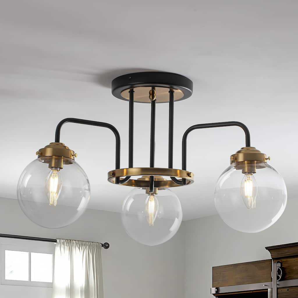 Modern 3-Light Black Gold Semi-Flush Mount Glass Ceiling Light - Matte Black