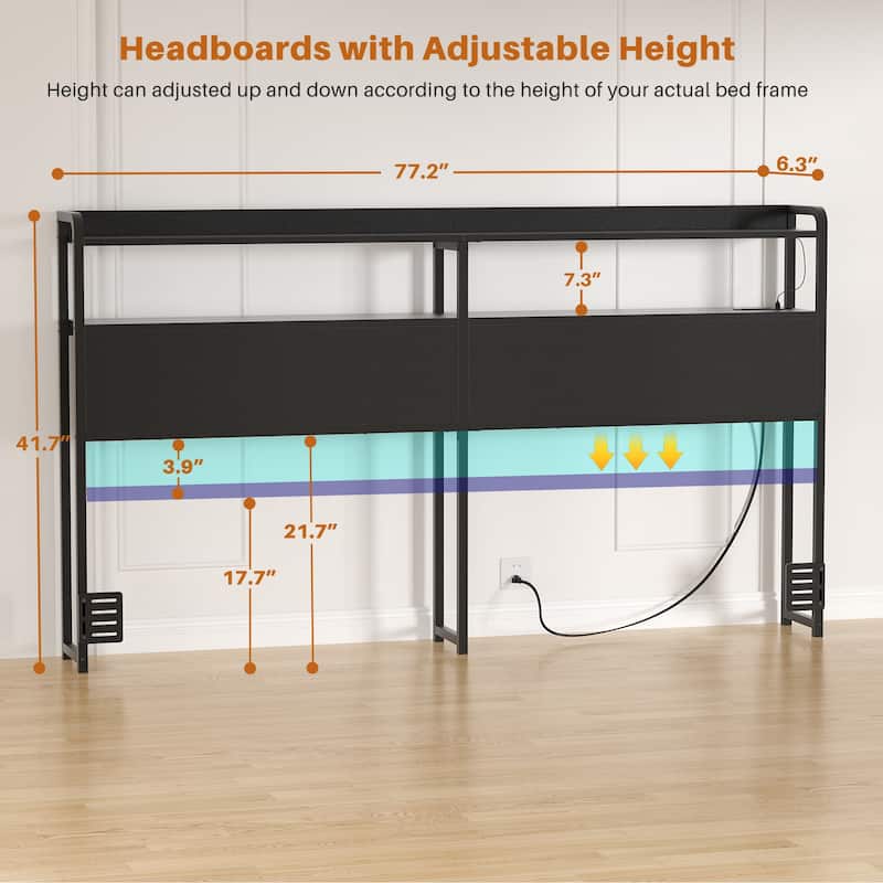 Headboard with Storage Drawers and LED Light, Head Board with Outlets, USB Ports