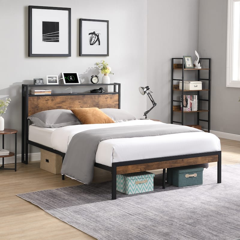 King Size Metal Platform Bed Frame with Wooden Headboard and Footboard ...
