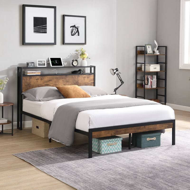 Queen Size Metal Platform Bed Frame with Wooden Headboard, USB Port, Under Bed Storage, No Box Spring Needed