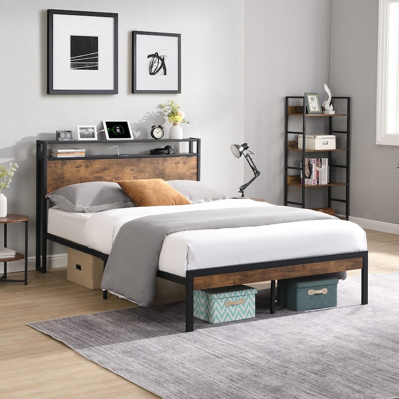 Simplicity Queen Size Metal Platform Bed Frame with Wooden Headboard and Footboard with Large