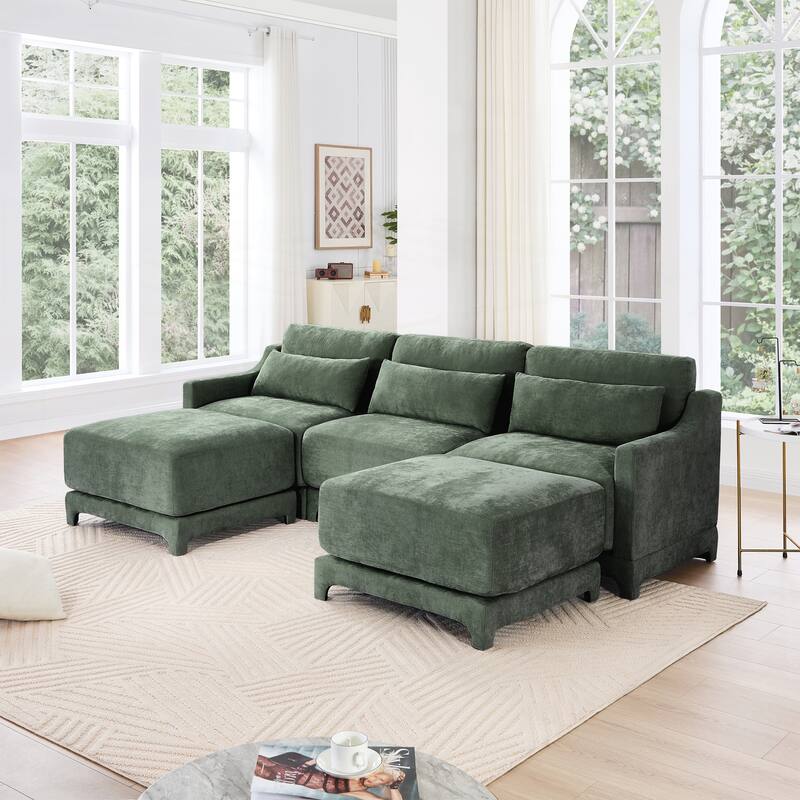 Three-Seater Sofa with 2 Movable Ottomans