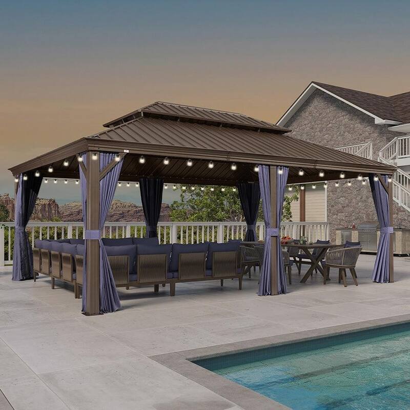 PURPLE LEAF Hardtop Aluminum Gazebo with Curtains and Netting, Double Roof Patio Gazebo