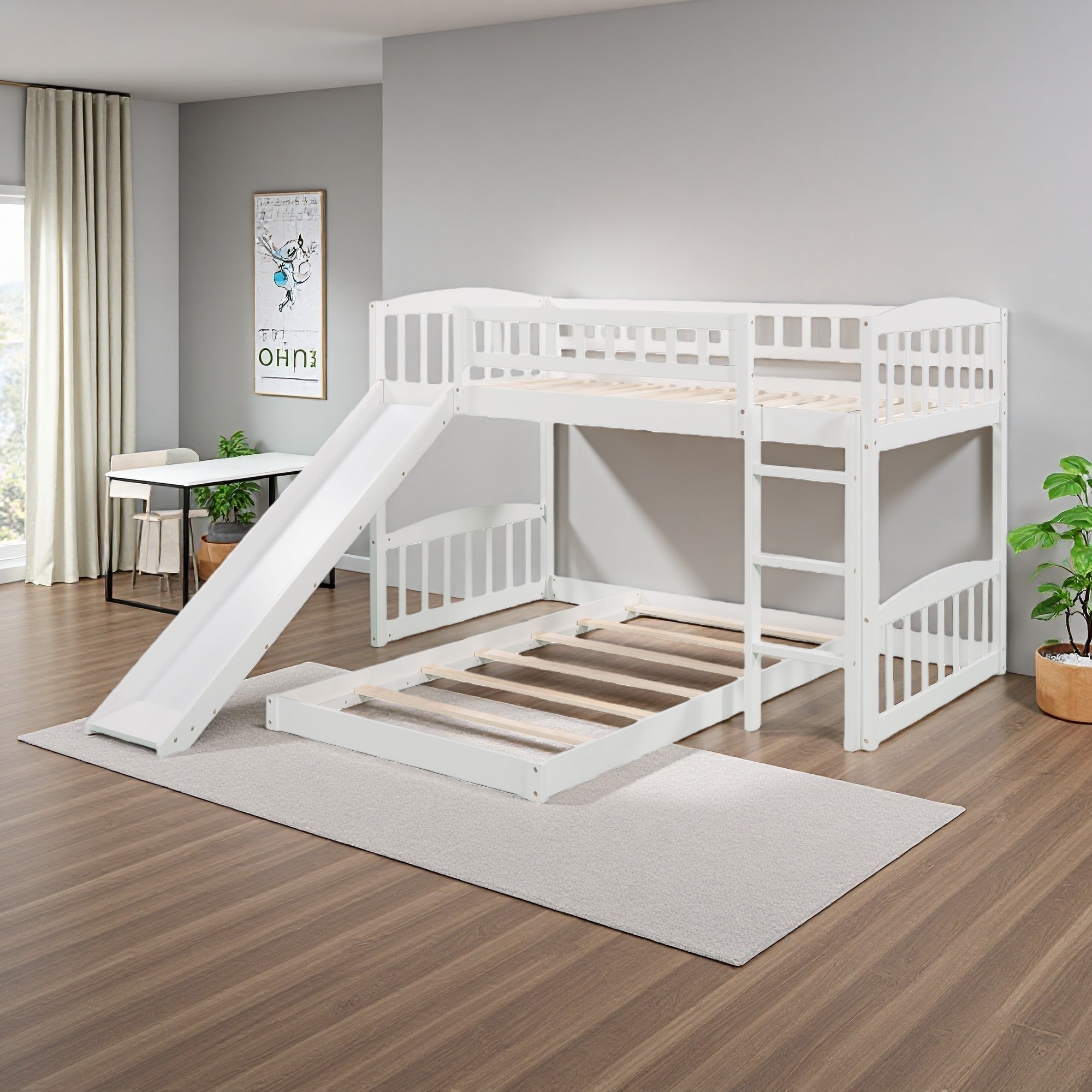 Twin Over Twin Wood Bunk Bed with Slide and Reversible Ladder