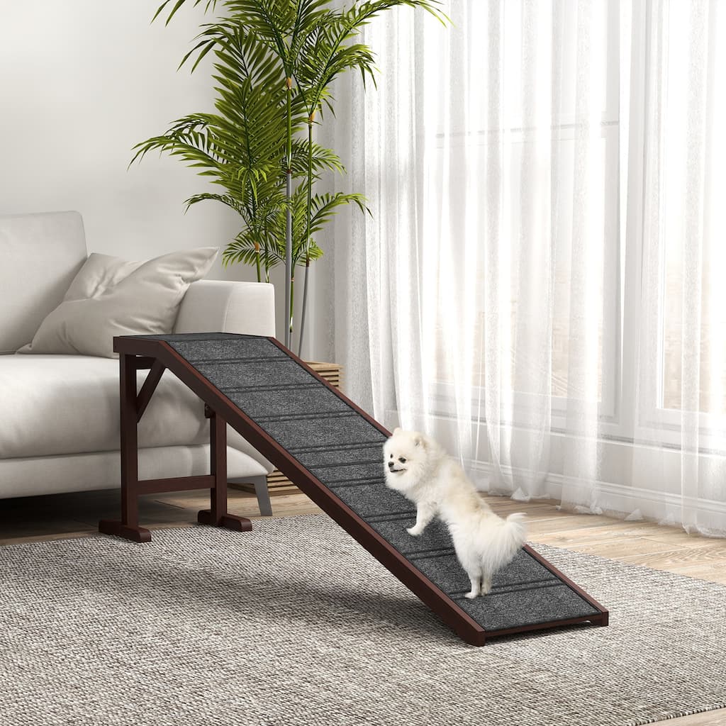 PawHut Pet Ramp for Dogs Non-slip Carpet Top Platform Pine Wood 69.75"L x 16"W x 25"H, Brown Grey
