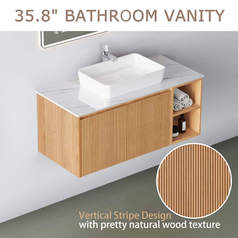 35.83'' Single Bathroom Vanity with Glossy Sintered Stone Top, Light Wood & Dark Wood